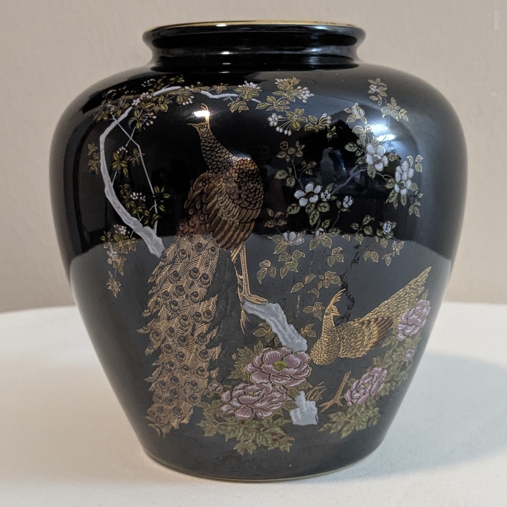 Japanese Vase Peacock Cherry Blossoms Black Gold Trim Vintage